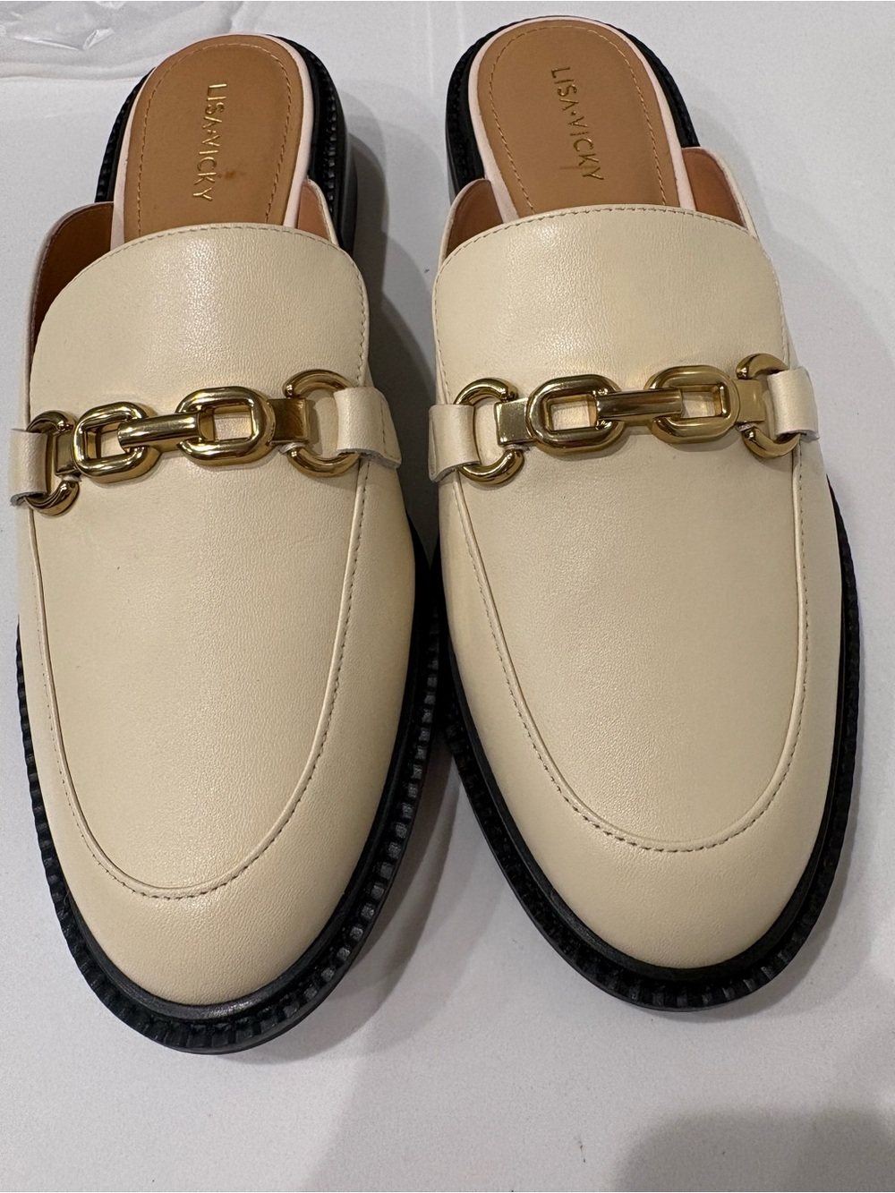 Lisa Vicky Cream Leather Chain-Trim Mules Size 9